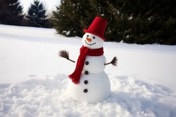 Obraz premium Snowman with a red hat and red coat in the forest. Snow covered the ground, green trees in the background.