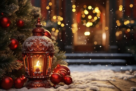A lit lantern placed in front of a beautifully decorated Christmas tree. This image can be used to capture the warm and festive ambiance of the holiday season.