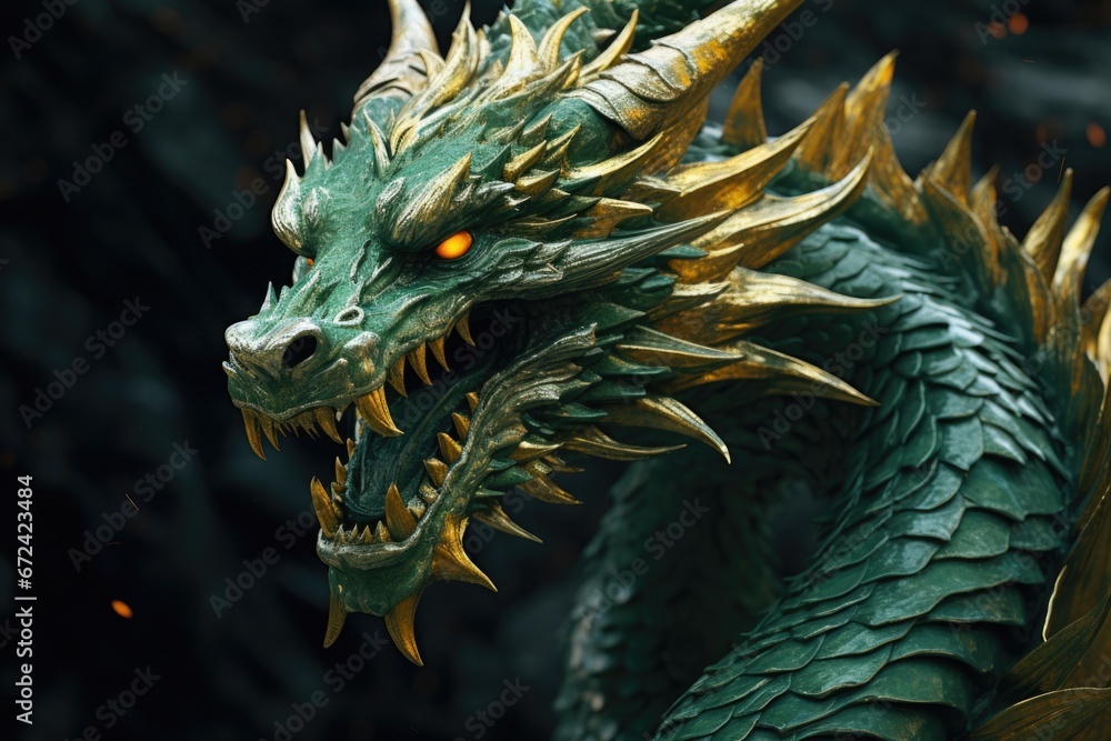 Poster A close-up view of a green dragon statue. This image can be used to add a touch of fantasy and mythology to various design projects.
