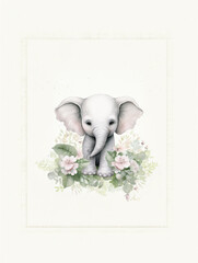 Watercolor illustration of a cute baby elephant with flowers and leaves. cute baby elephant in a floral wreath. elephant with leaves and flowers on a white background