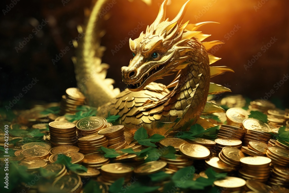 Poster a majestic golden dragon statue perched on a stack of shiny coins. perfect for themes of wealth, pro