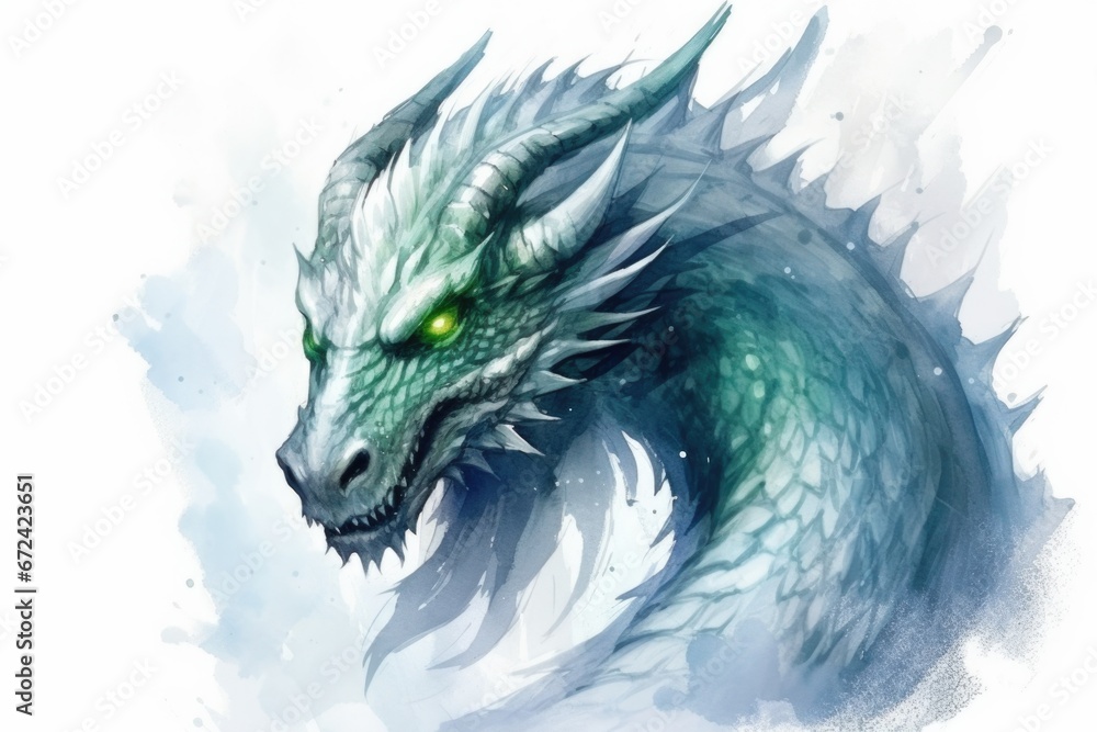Poster a close-up photograph of a dragon's head showing its detailed features. this image can be used for f