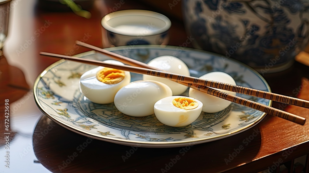 Sticker a plate of hard boiled eggs with chopsticks and a bowl of yogurt and a vase of flowers in the backgr