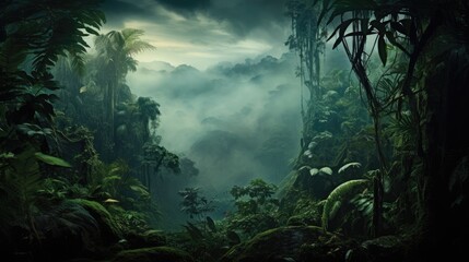  a painting of a jungle scene with fog in the air and trees in the foreground and clouds in the background.  generative ai