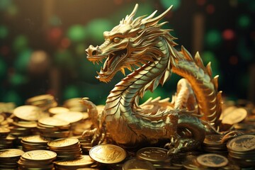 Fototapeta premium A stunning golden dragon statue perched atop a mound of gleaming coins. Perfect for financial concepts and symbolism of wealth and prosperity.