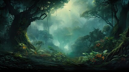  a painting of a dark forest with lots of trees and plants in the foreground and a bird flying in the distance.  generative ai
