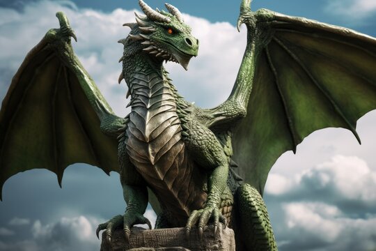 A statue of a dragon standing on a pedestal. This image can be used to represent power, strength, mythology, or fantasy themes.