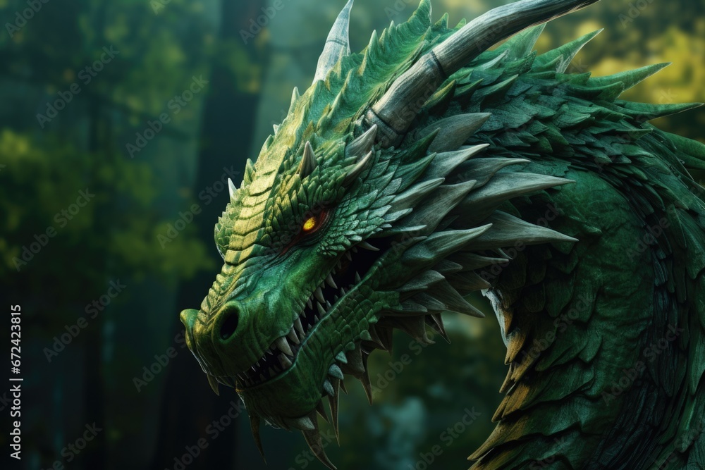 Poster A detailed close-up view of a fierce green dragon's head. This image can be used to add an element of fantasy and mythology to various projects.