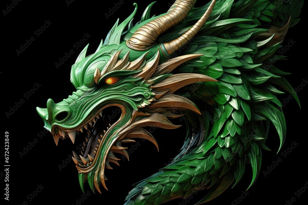 Poster A close-up view of a dragon's head on a black background. This image can be used to add a touch of fantasy and mystique to any project.