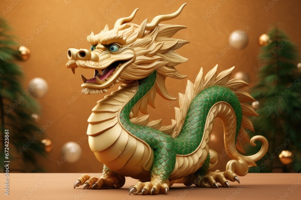 Poster a statue of a majestic green and gold dragon. perfect for adding a touch of fantasy and mythology to