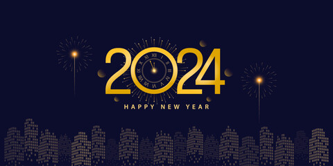 Happy New Year 2024 Poster Design. Classic Watch Golden Theme with Firework and City in The Night Background Vector Illustration - obrazy, fototapety, plakaty