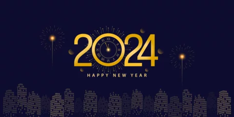 Fotobehang Happy New Year 2024 Poster Design. Classic Watch Golden Theme with Firework and City in The Night Background Vector Illustration © Aji