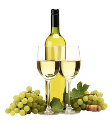 white wine bottle with a glass wine and grapes on transparent background, png wine bottle