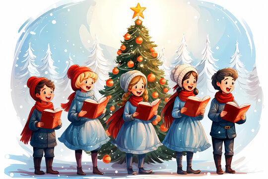 A group of children singing Christmas carols next to a Christmas tree on a snowy day
