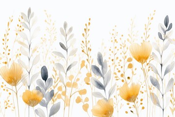 A beautiful watercolor painting of yellow and gray flowers. This picture would be perfect for home decor or floral-themed designs.