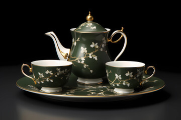 This exquisite hand-painted, lush, forest green porcelain tea set embodies a timeless elegance, where each delicate piece showcases the fusion of intricate design and fine craftsmanship