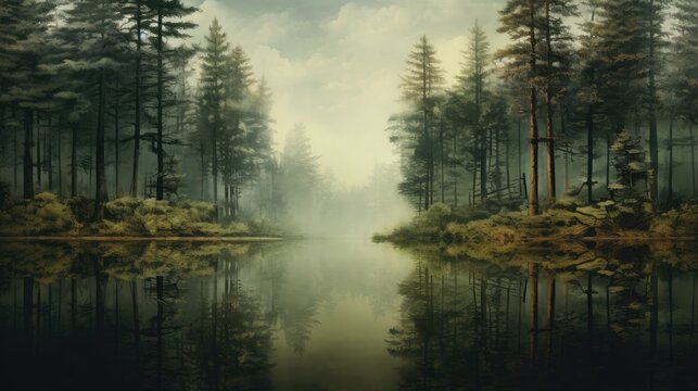  a painting of a foggy forest with a lake in the foreground and trees on the other side of the lake.  generative ai