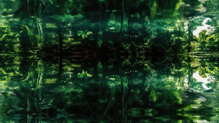  a painting of a forest with lots of trees and plants in the foreground and a body of water in the background.  generative ai