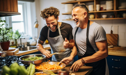 Sharing Meals and Smiles: Gay Couple Cooking in Kitchen - obrazy, fototapety, plakaty