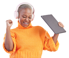 Winner, music or black woman with tablet, achievement or bonus isolated on a transparent, png background. Headphones and happy person with technology in celebration of reward, prize or online win