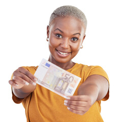 Portrait of black woman, euro note and isolated on transparent png background with prize, loan and...