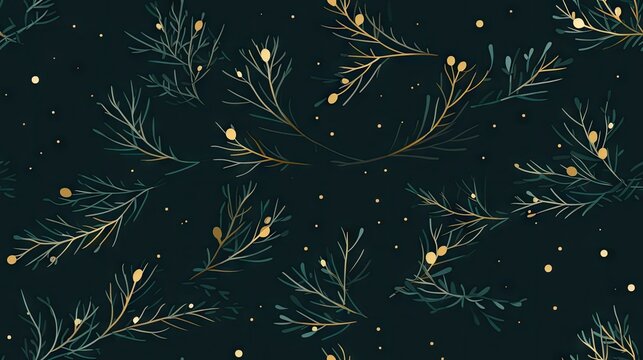  a black background with a gold and green pattern of leaves and berries on a dark green background with gold dots.  generative ai