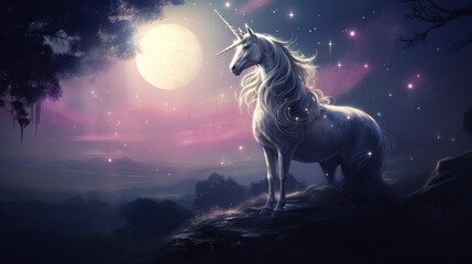  a white unicorn standing on top of a hill under a purple sky with stars and a full moon behind it.  generative ai