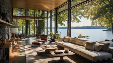 Fototapeta premium A sunlit living room with floor-to-ceiling windows ove