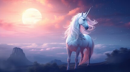  a white unicorn standing on top of a hill under a pink sky with stars and a full moon in the background.  generative ai