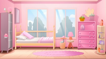 Bed room girl. Child bedroom interior girls apartment toys girly storage furniture. generative ai