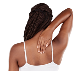 Back pain, hand and rear view of woman with problem on isolated, transparent or png background. Shoulder, injury and behind female model with spine massage for arthritis, fibromyalgia or osteoporosis