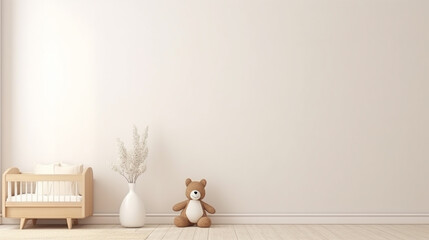 Fototapeta premium Blank wall mock up cozy nursery interior background, Scandinavian style children room generative ai
