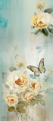 Vintage floral background with roses and butterfly, watercolor painting. grunge textured paper. Bouquet of white roses with butterfly on grunge background. copy space for your text. 