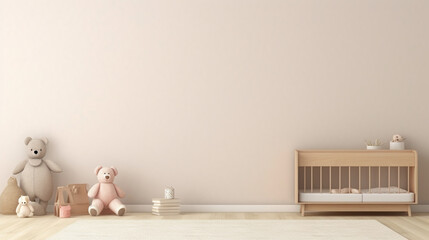 Blank wall mock up cozy nursery interior background, Scandinavian style children room generative ai