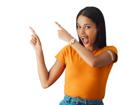 Woman, portrait and pointing with plaster, vaccine and healthcare on isolated, png and transparent background. Excited, hand gesture and person with bandage for vaccination, medical shot and immunity
