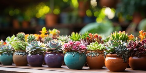 Fototapeta na wymiar Beautiful different succulents on wooden table in the garden. Generative AI