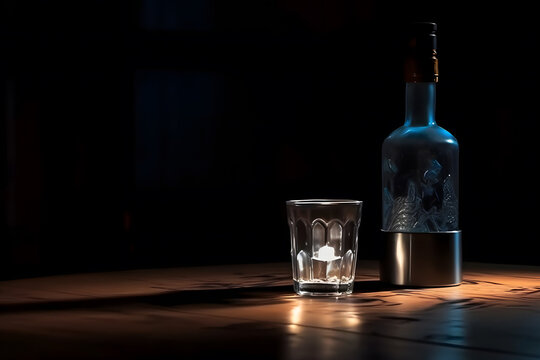 bottle of vodka on black background. Neural network AI generated art
