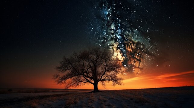 Beautiful moonlight tree desert dream digital art illustration picture AI generated art