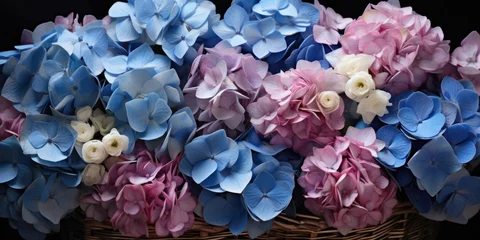 Poster Blue hydrangeas in a basket close-up, flowers. Generative AI © 22_monkeyzzz