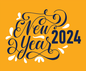 2024 Happy New Year Holiday Abstract Blue And White Design Vector Logo Symbol Illustration With Yellow Background