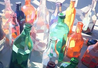 Rows of transparent empty glass bottles in a factory to be filled with a production product. Conveyor belt at the factory. Recycling of glass containers. Illustration for cover, brochure, ad, etc.