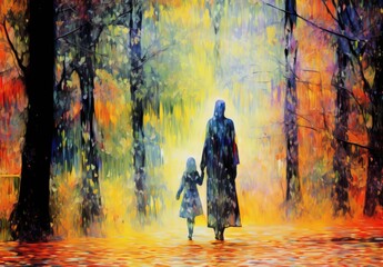 Mother and daughter taking walk in autumn park. Digital art in an artistic style. Illustration for cover, card, postcard, interior design, banner, poster, brochure, etc. - obrazy, fototapety, plakaty