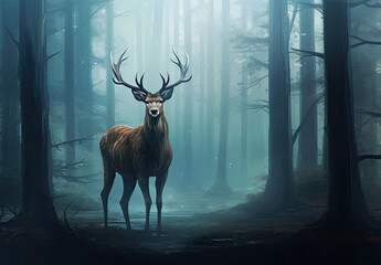 A large deer in a spruce forest. Wild animal in natural habitat. Nature background. Illustration for cover, card, postcard, interior design, decor or print.