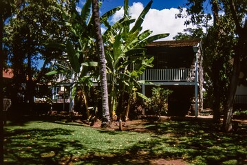 Lahaina, Maui, Hawaii, June 2, 1989 - Old Slide of Historic Site, the Baldwin Home in Lahaina Harbor, on a Beautiful Sunny Summer Day - obrazy, fototapety, plakaty