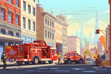 Fototapeta premium Urban Rescue. Firefighters in Action Amidst Cityscape.