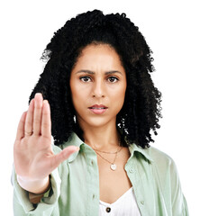 Stop, hands and portrait of woman in studio with warning on isolated, transparent or png...
