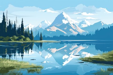 llustration of landscape high-altitude lake reflecting mountain peaks.