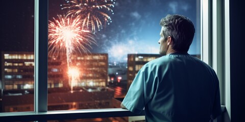 Doctor watching fireworks from hospital window at night.