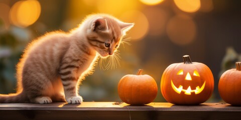 Kittens playing near Jack-o'-lantern on wooden surface with blurred garden background. - obrazy, fototapety, plakaty