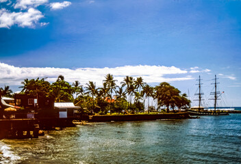 Lahaina, Maui, Hawaii, June 2, 1989 - Old Slide of Whaling Ship, The Carthaginian in Lahaina Harbor, Tied to Coral Pier, on a Beautiful Sunny Summer Day - obrazy, fototapety, plakaty